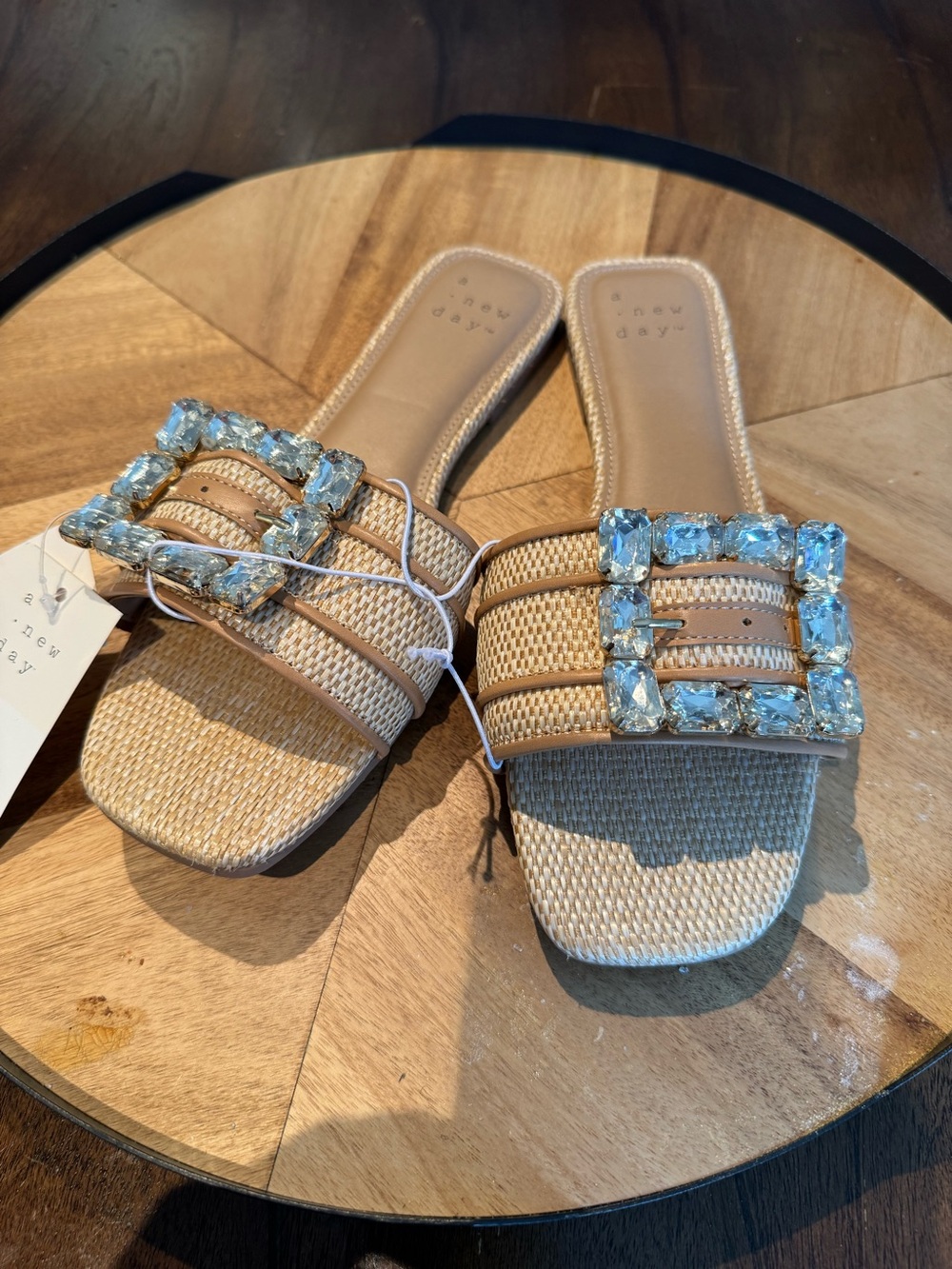 NWT a new day Tan Woven Slide Sandals with Crystal Buckle.